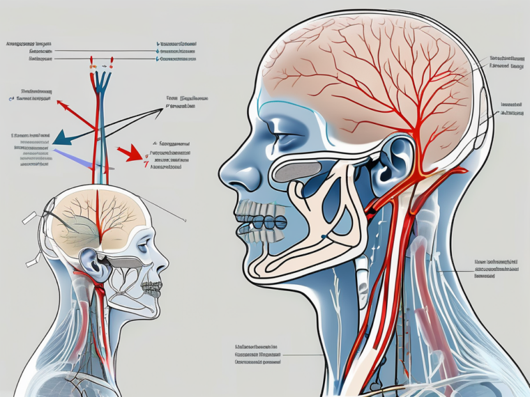 The glossopharyngeal nerve highlighted within an anatomical diagram of the head and neck