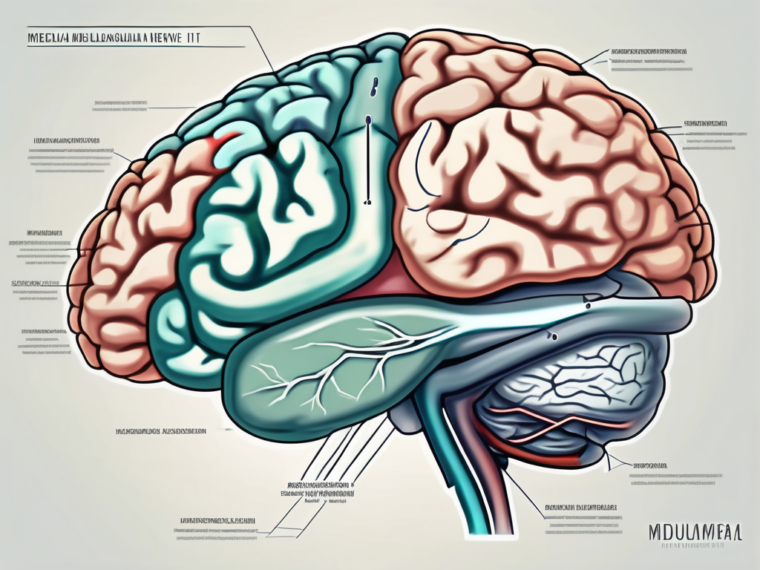 The human brain highlighting the medulla oblongata and the glossopharyngeal nerve connecting to it